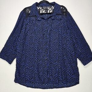 New Woman Design Black snd Blue Polka Dot Lace Detail Blouse Size 2X